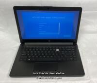 *HP LAPTOP / MODEL 14-CM0506NA / 64GB HDD / 4GB RAM / AMD A4-9125 PROCESSOR @ 2.30GHZ / SN: 5CG0094Z0B / WINDOWS 10 OPERATING SYSTEM - MISSING ''0'' OF KEYBOARD / POWERS UP & APPEARS FUNCTIONAL