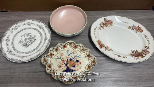 THREE LARGE PLATTERS INCLUDING DERBY DEWSBURY C1790, ROYAL DAULTON WILTON AND SPODE WITH A POOL POTTERY FRUIT BOWL (4)