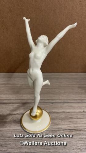 HUTSCHENREUTHER PORCELAIN FIGURE, MODELLED BY KARL TUTTER (1883-1969), AS A NAKED FEMALE DANCER STANDING ON A BALL, VERY GOOD CONDITION, ALL INTACT