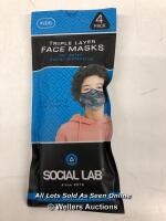 CHILDRENS NEW SOCIAL LAB TRIPLE LAYER FACE MASKS 4 PACK