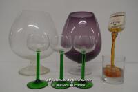 TWO VINTAGE OVERSIZED BRANDY GLASSES / VASES WITH BELLS WHISKEY ILLUSION GLASS AND THREE GREEN STEM WINE GLASSES