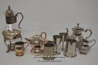 VINTAGE SILVERPLATE & GLASS COFFEE / TEA PITCHER WITH FOOTED WARMER STAND TOGETHER WITH ASSORTED SILVER PLATE ITEMS INCLUDING TEA POT AND GOBLETS