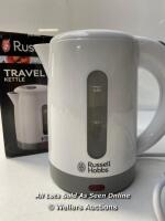 *RUSSELL HOBBS 23840 COMPACT TRAVEL ELECTRIC KETTLE, PLASTIC, 1000 W, WHITE / APPEARS TO BE NEW - OPEN BOX / POWERS UP- NOT FULLY TESTED [3006]
