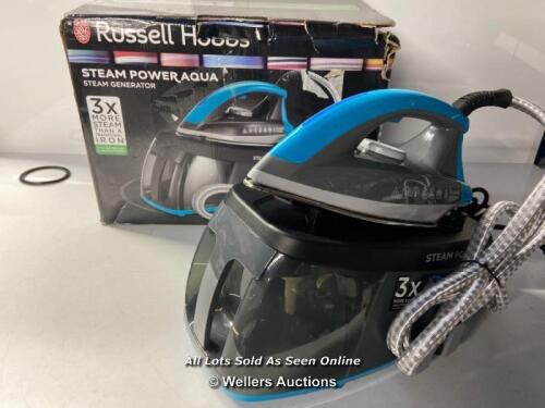 *RUSSELL HOBBS 24510 STEAM POWER AQUA - STEAM GENERATOR IRON WITH STAINLESS STEEL NON-STICK SOLEPLATE ANS FAST 1 MINUTE HEAT-UP, 1.3 LITRES, 2400 WATTS, AQUA / POWERS UP - APPEARS TO BE FUNCTIONAL [3006]