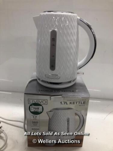 *LIVIVO TAURUS ELECTRIC KETTLE FAST BOIL JUG HOT WATER DISPENSER 3000W 1.7L BPA FREE 360 ‚ SWIVEL BASE KITCHEN‚ STYLISH DIAMOND PATTERN DESIGN (WHITE) / POWERS UP - NOT FULLY TESTED FOR FUNCTIONALITY / MINIMAL SIGNS OF USE [3003]