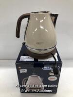 *DELONGHI KBOV3001BG VINTAGE ICONA BEIGE KETTLE / POWERS UP - NOT FULLY TESTED FOR FUNCTIONALITY / NEW BUT MISSING THE LID [3003]
