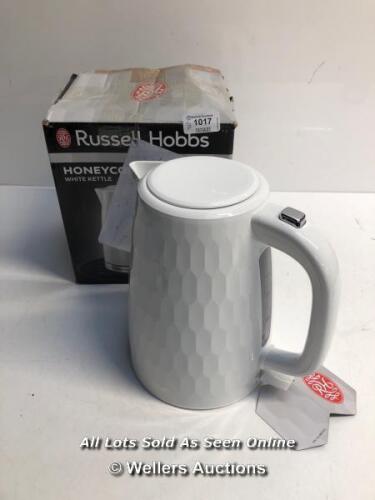 *RUSSELL HOBBS 26050 CORDLESS ELECTRIC KETTLE - CONTEMPORARY HONEYCOMB DESIGN WITH FAST BOIL AND BOIL DRY PROTECTION, 1.7 LITRE, 3000 W, WHITE / MISSING POWER SUPPLY [3003]