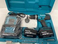 *MAKITA DHP4S3 COMBI DRILL WITH X2 BATTERY AND CHARGER / APPEARS TO BE NEW - OPEN BOX / POWERS UP