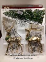 *GOLDEN REINDEER SET WITH CHRISTMAS TREE TABLETOP ORNAMENTS / SEE IMAGE FOR ACCESSORIES, CONTENTS & CONDITION [2971]