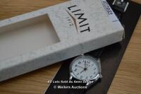 LADYS,LIMIT,QUARTZ WATCH,WHITE ARABIC BATTON DIAL,STEEL CASE,BLACK LEATHER STRAP / APPEARS TO BE NEW - OPENED BOX