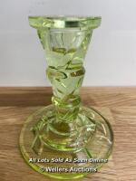 *ART DECO LIME GREEN PRESSED URANIUM GLASS CANDLESTICK. [LQD230]